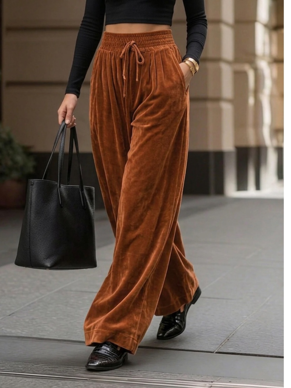 Classic Solid Rust Brown High Waisted Wide leg Velvet Pants